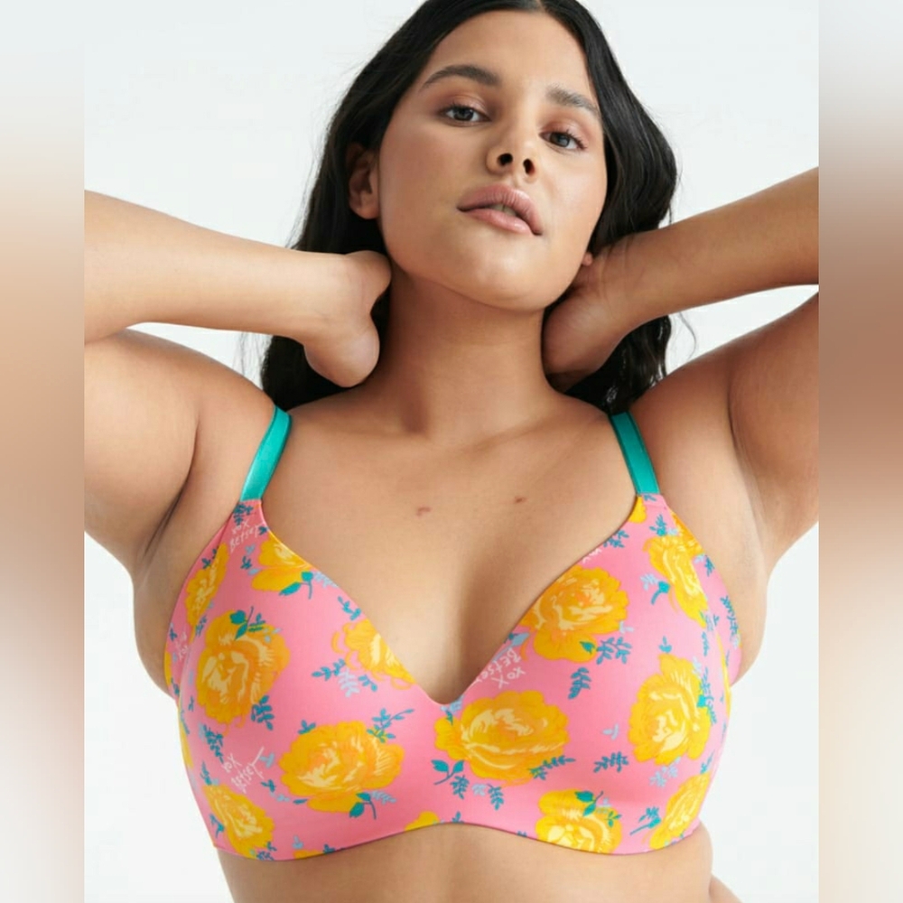 Knix Betsey Johnson Bra Pink Floral Print Wingwoman Wireless Contour Size 8+